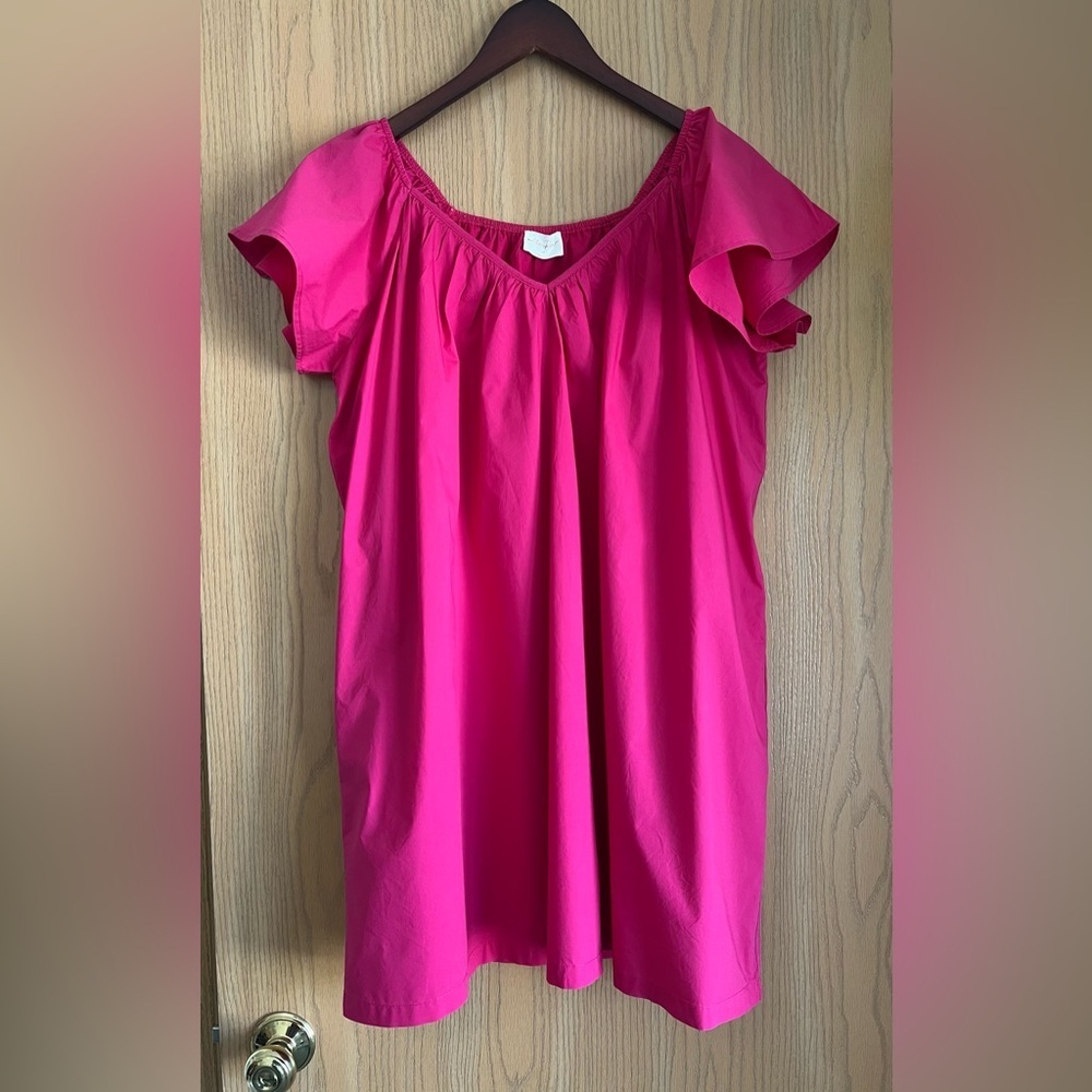 Allie Rose | Size M | Light Poplin Puff Sleeve Pink Fuchsia Dress | V Neck